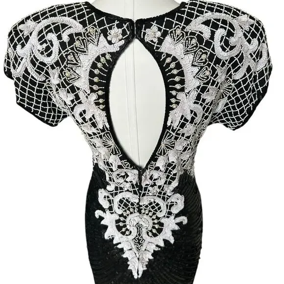 Vintage 80s Beaded Sequined Party Cocktail Mini Dress Carina Black White M Glam